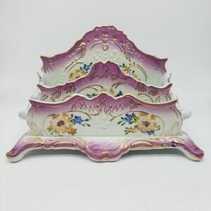 Limoges Hand Painted Floral Two‎ Tier Footed Letter Holder. China Porcelain